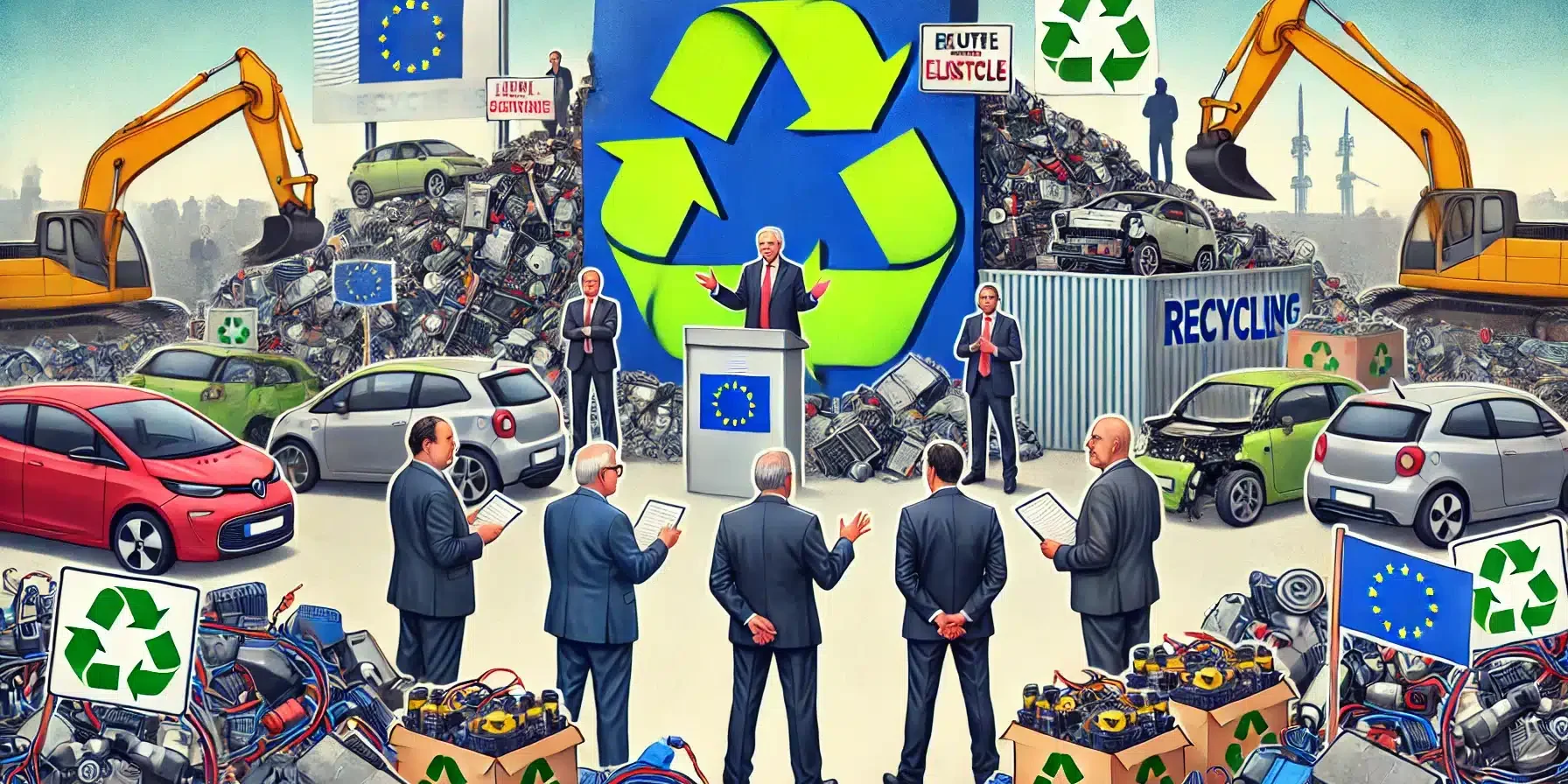 Controversies over new EU regulations on electric vehicle recycling. The image depicts a recycling facility with piles of electric vehicle batteries a Controversies Surrounding New EU Regulations on Electric Vehicle Recycling