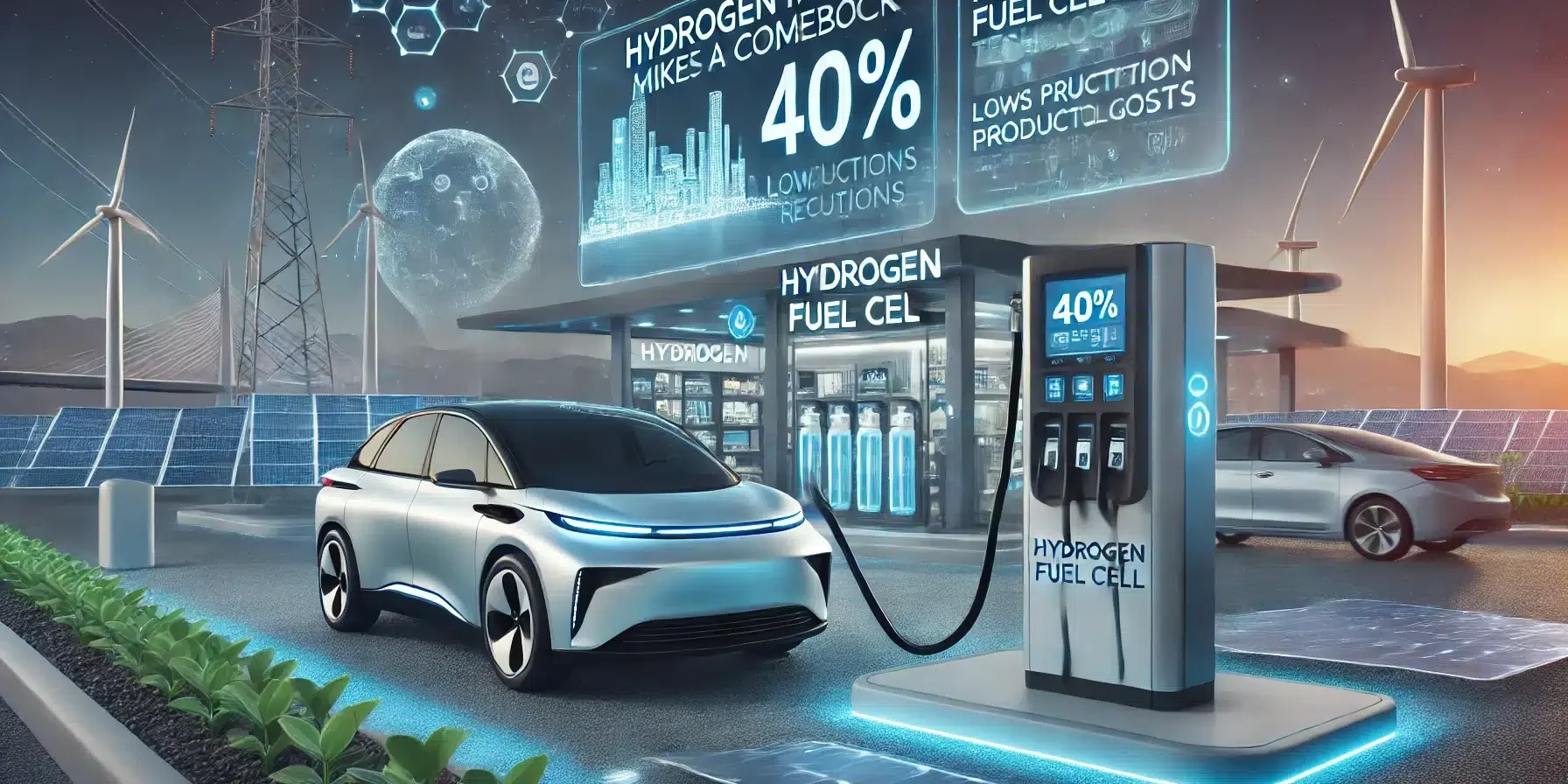 Hydrogen makes a comeback_ New fuel cell technology lowers production costs by 40%. The image features a hydrogen fuel cell car being refueled at a hy Hydrogen Makes a Comeback: New Fuel Cell Technology Reduces Production Costs by 40%