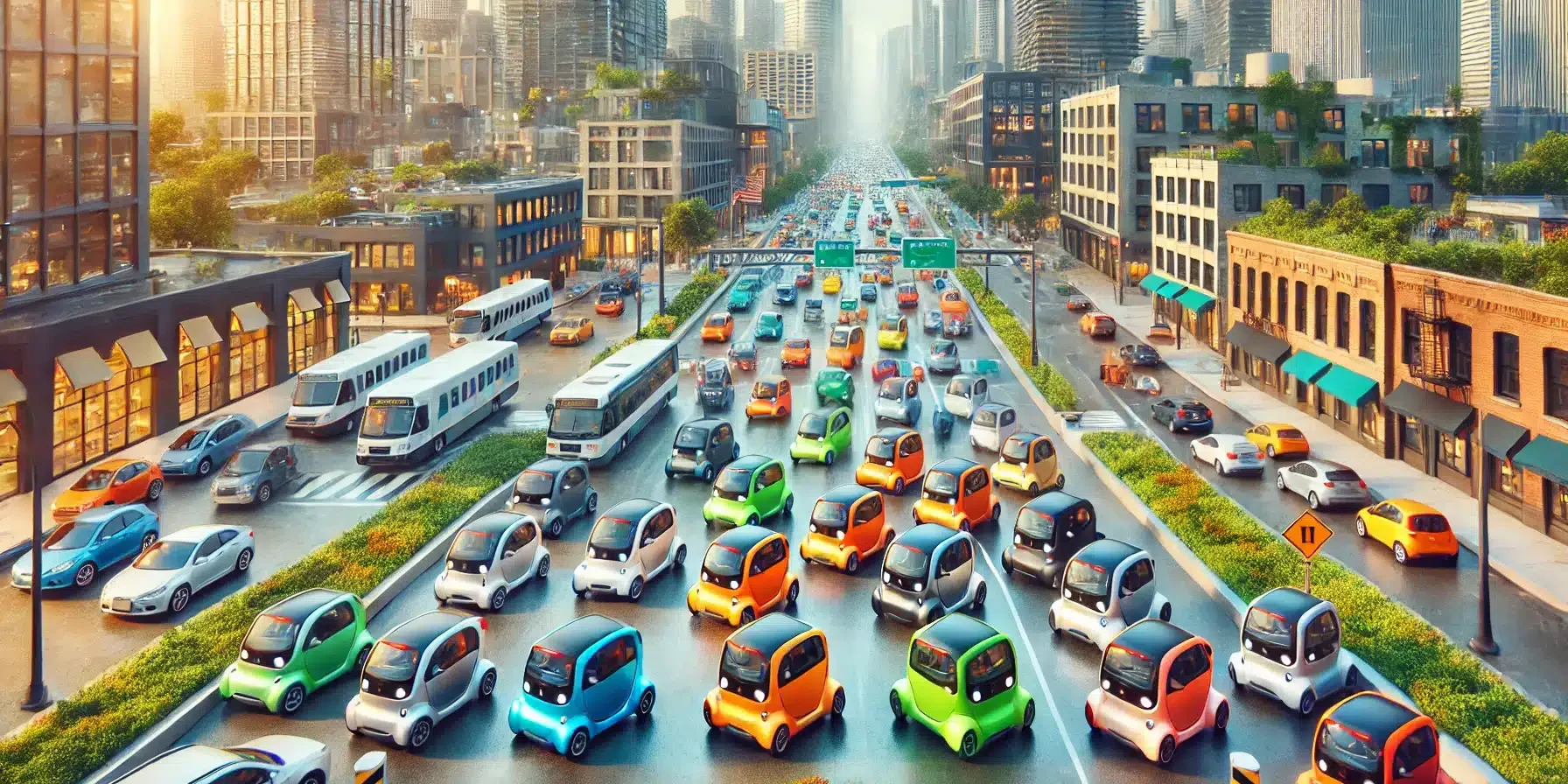 Microcars conquer cities_ Analysis of the growing popularity of ultra-compact electric vehicles. The image shows a busy urban street with several micr Microcars Conquer Cities: Analysis of the Growing Popularity of Ultra-Compact Electric Vehicles