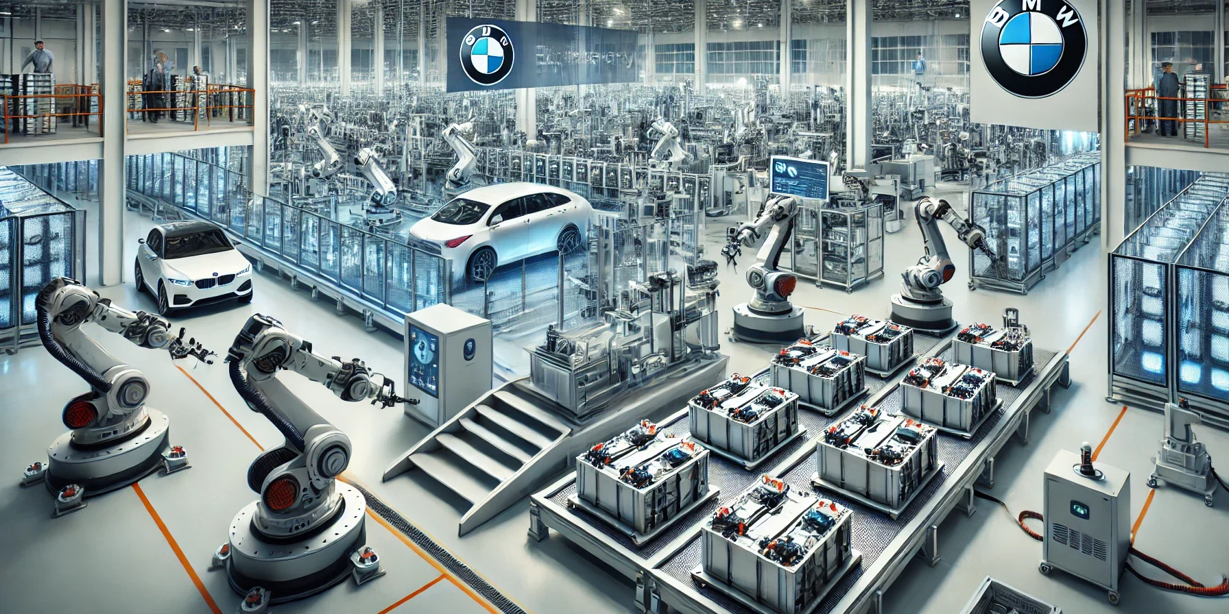 Showcasing the production of high-voltage batteries for electric vehicles. The scene features advanced