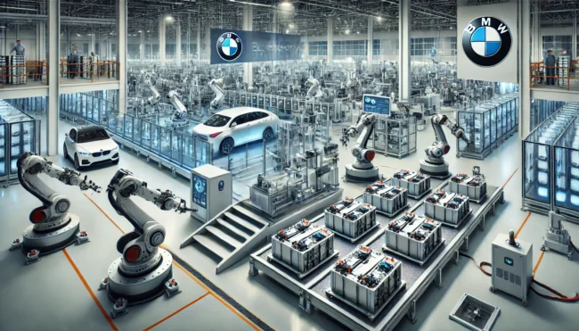 Showcasing the production of high-voltage batteries for electric vehicles. The scene features advanced
