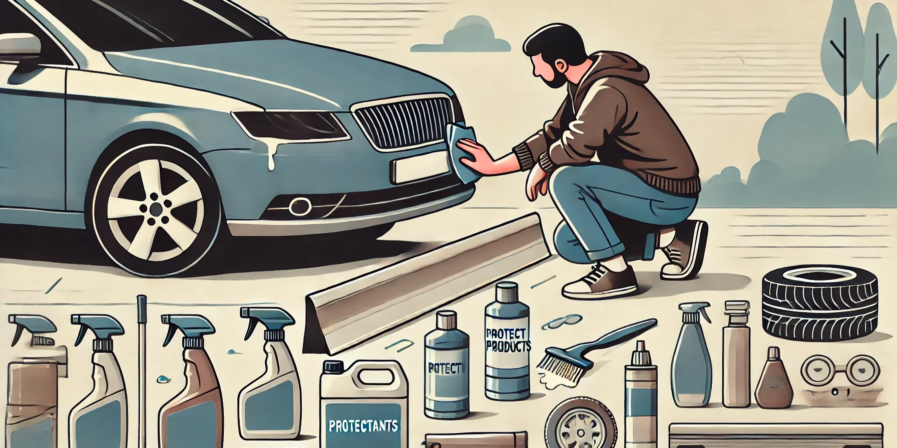 The image should depict the person cleaning and applying protective products to the car’s bumpers and trim The image should depict the person cleaning and applying protective products to the car's bumpers and trim