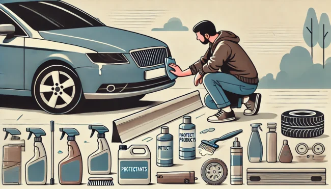 The image should depict the person cleaning and applying protective products to the car's bumpers and trim