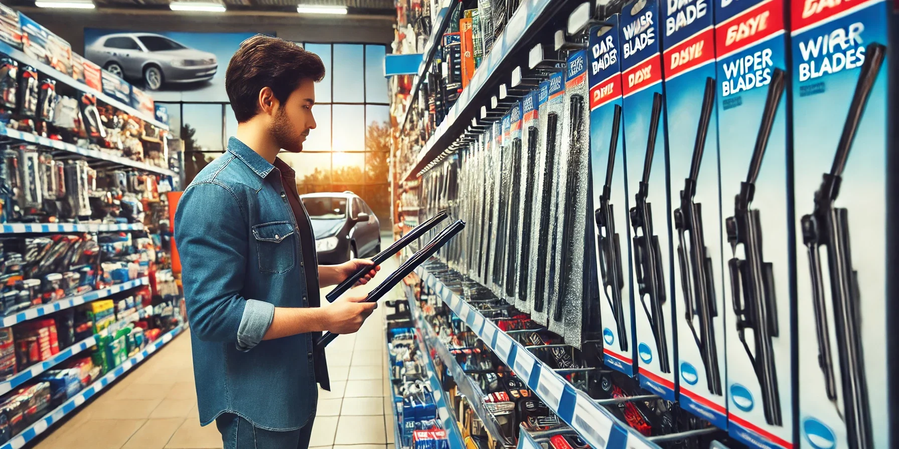 The image shows the person comparing different types of wiper blades, checking sizes, and readin