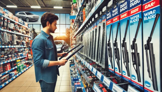 The image shows the person comparing different types of wiper blades, checking sizes, and readin