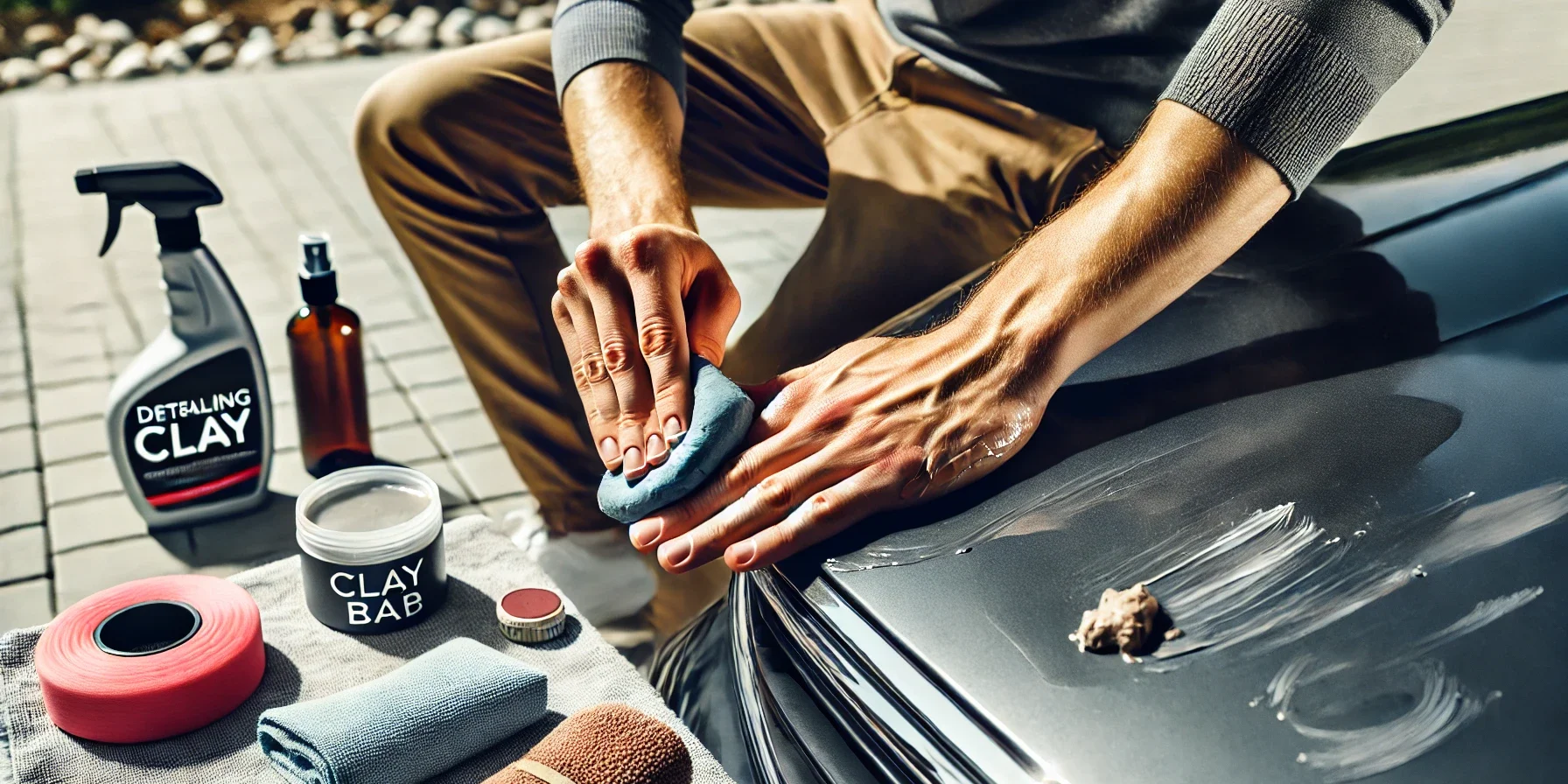 The image shows the person holding a piece of clay and gently rubbing it on the car's surfa