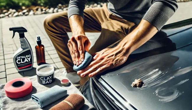 The image shows the person holding a piece of clay and gently rubbing it on the car's surfa